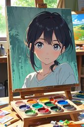Capture the essence of an artist's creative space with a vibrant palette of oil paints resting gracefully on a wooden easel a