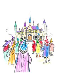 A whimsical, hand-drawn sketch depicting a magical school brimming with young wizards. The artwork utilizes vibrant complemen