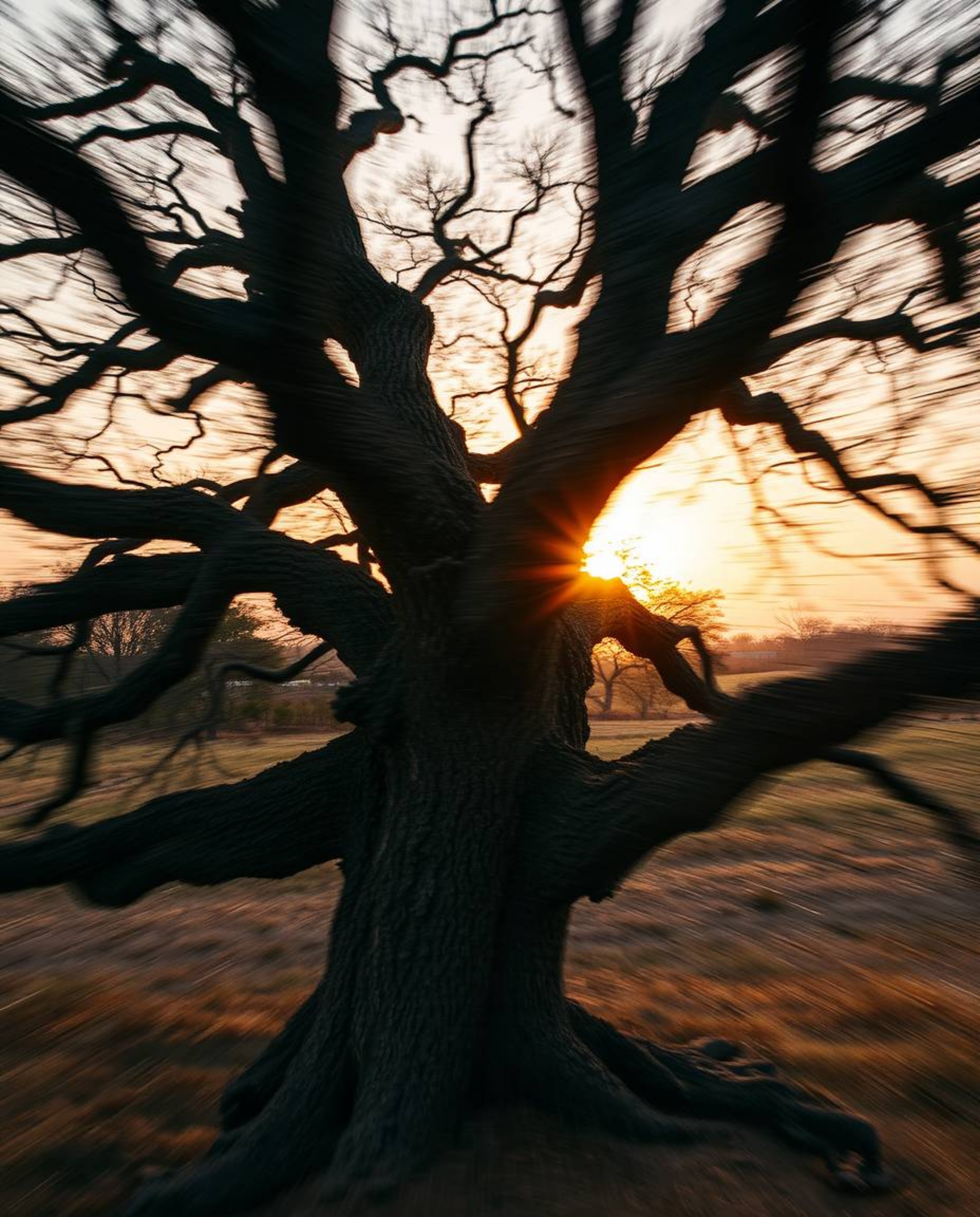 Long exposure photography captures a rich deep teal sunset behind an old oak tree with twisted branches. This luxurious and v