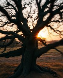 Long exposure photography captures a rich deep teal sunset behind an old oak tree with twisted branches. This luxurious and v