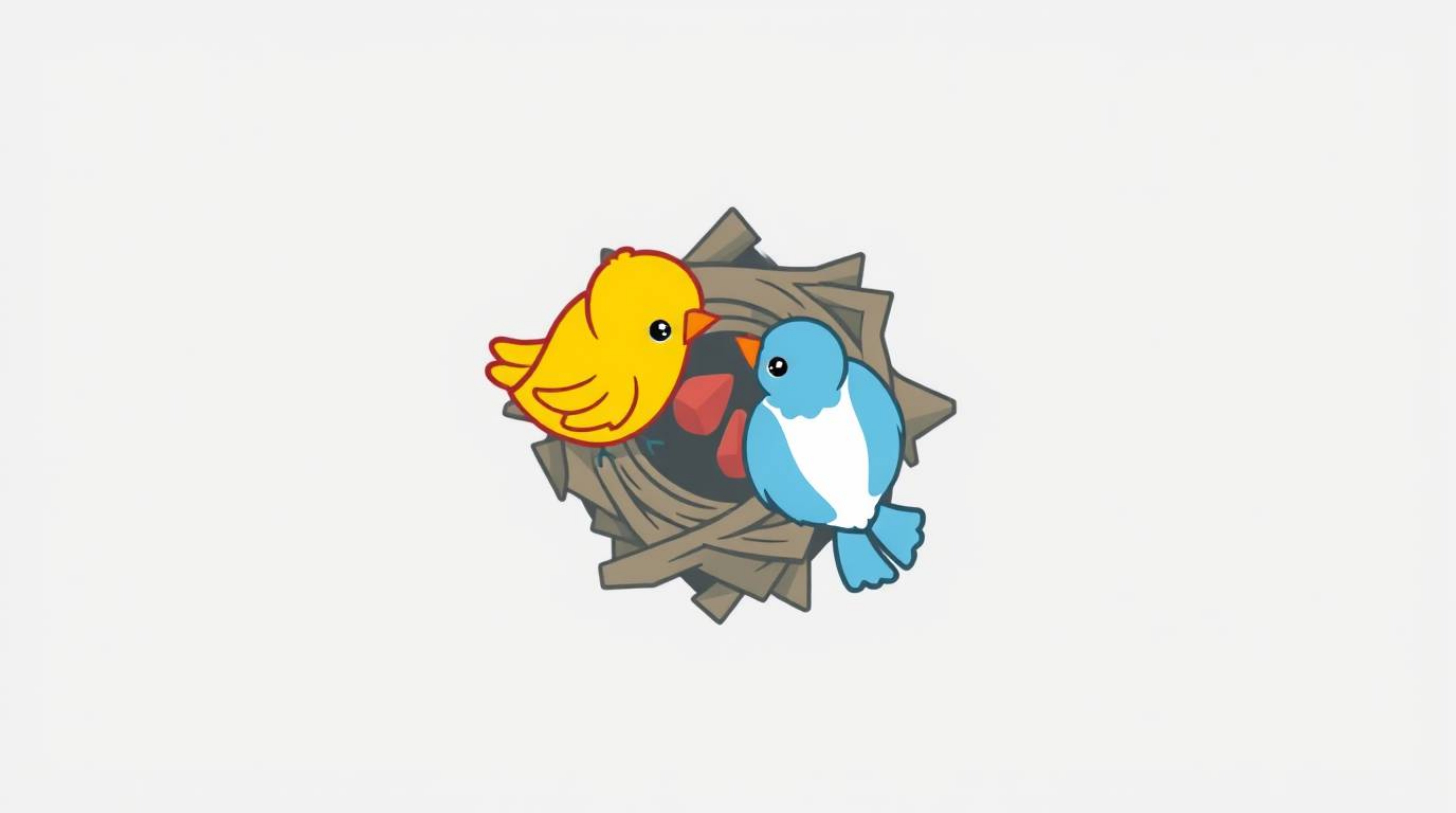 This logo design features an overhead, bird's-eye view of two cartoon birds diligently constructing a nest. The style is remi