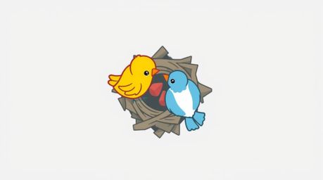 This logo design features an overhead, bird's-eye view of two cartoon birds diligently constructing a nest. The style is remi