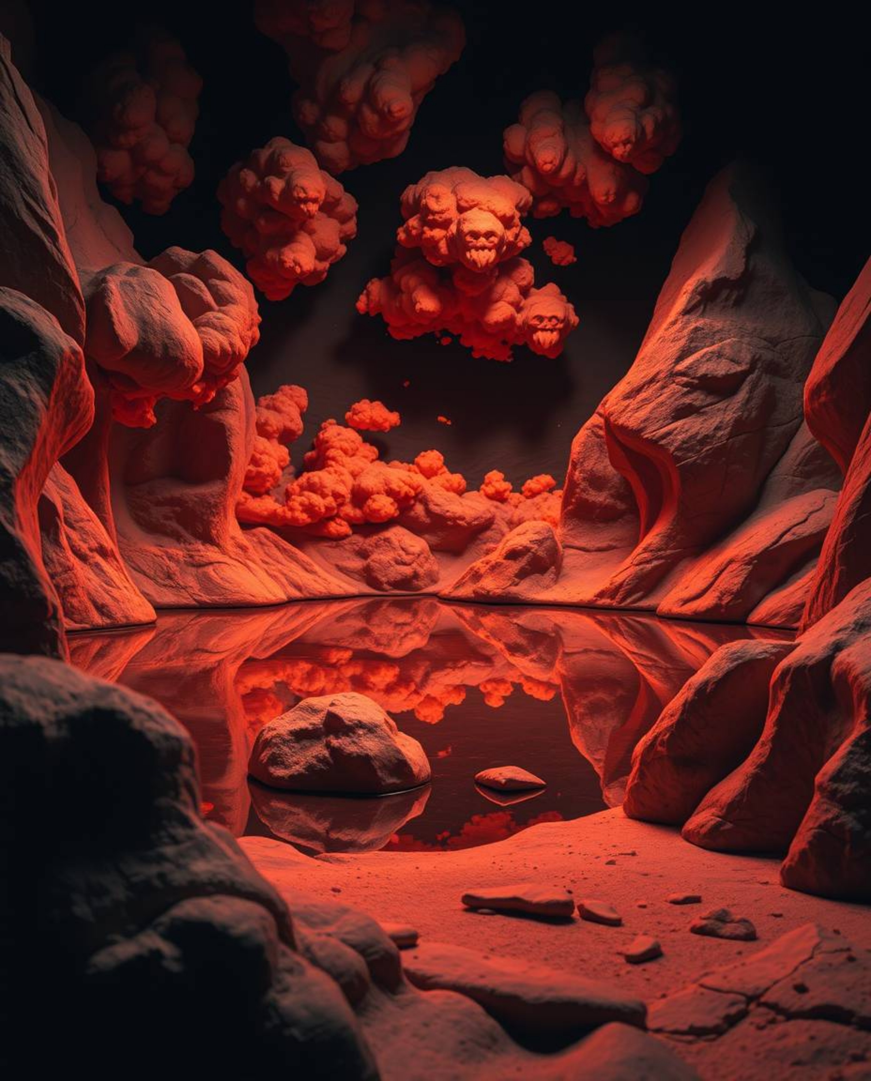 This sculptural clay art masterfully depicts the reflections of fiery clouds in a mountain lake, brought to life with high-co