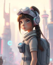 Discover a captivating image of a young inventor girl in a futuristic city, rendered in a soft, ethereal Pixar style.  The sc