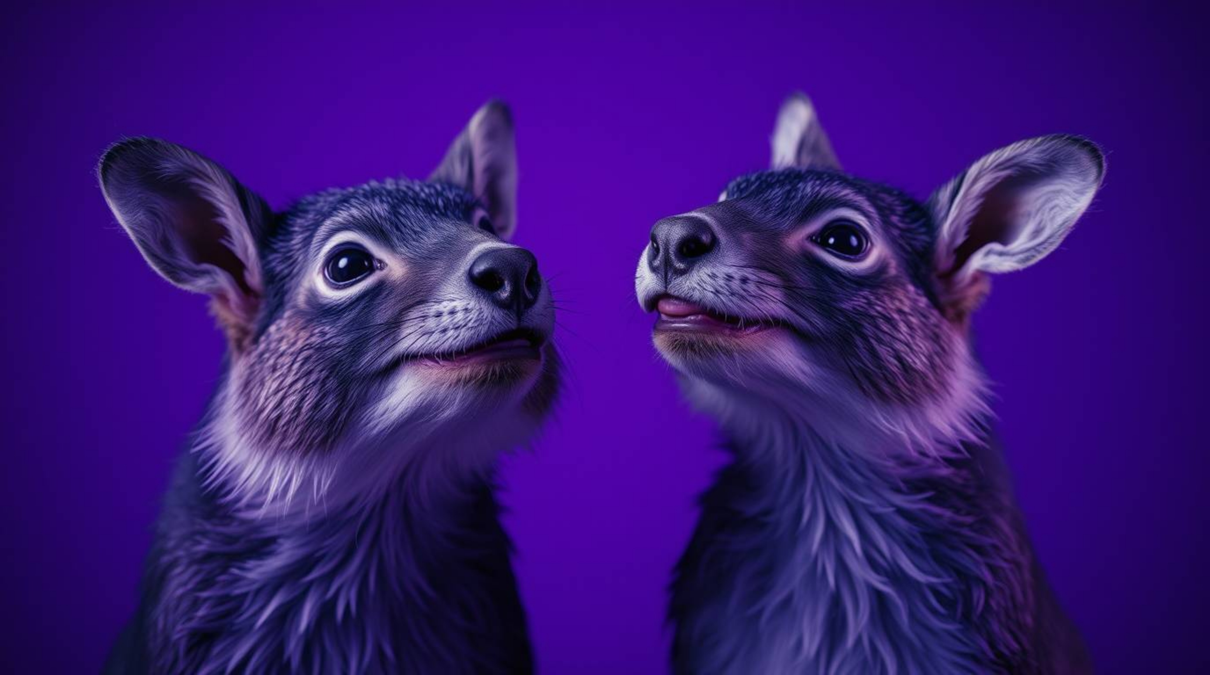 This fine art photograph depicts two mischievous talking animals bathed in deep ultraviolet hues. Vivid purples, high contras