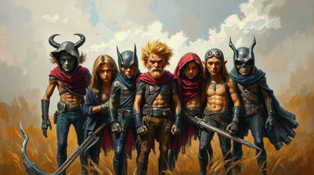A captivating oil painting showcases a team of unlikely heroes, their unique personalities shining through in rich textures a