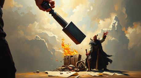 This cinematic oil painting in a classic style depicts a dramatic scene of an anvil about to crush a trickster. The artwork s