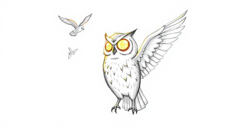 A heartwarming hand-drawn sketch in the style of Pixar depicts a blind owl with radiant, glowing feathers bathed in sunlight.