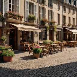 Experience the allure of a charming French street, where quaint cafes spill onto the sidewalks adorned with vibrant flower bo
