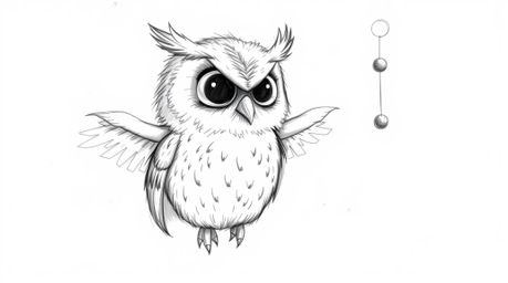 A hand-drawn sketch in Pixar style depicts a blind owl with soft, feathery textures, ingeniously teaching birds to fly using 
