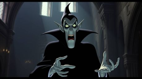 A captivating digital painting of a classic Disney villain casting a spell within the eerie atmosphere of an old castle.  The