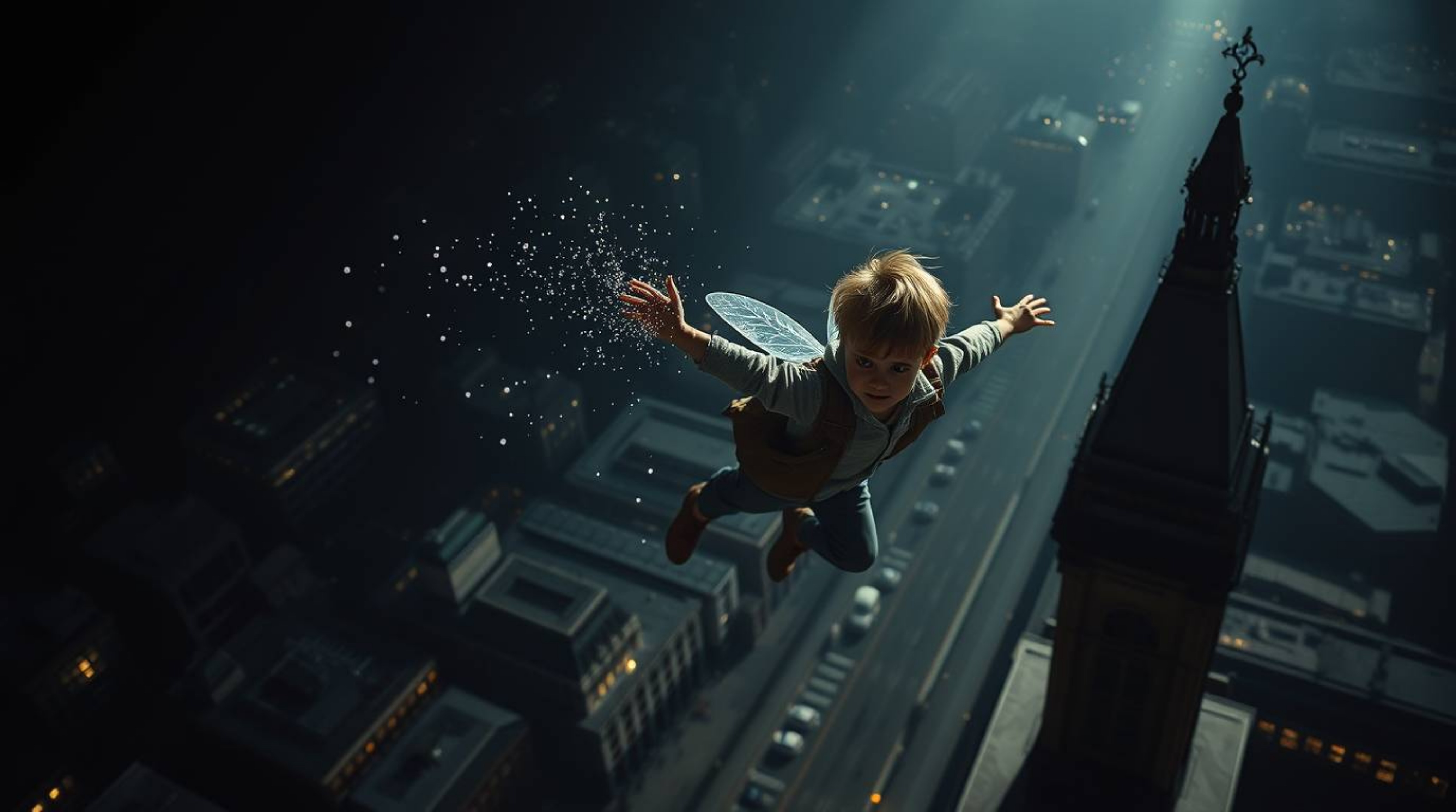 Experience a breathtaking high-angle perspective of a young boy soaring above London with the aid of pixie dust. The image fe