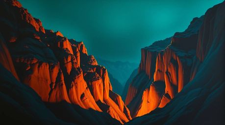 Experience the richness of a deep teal oil painting depicting a rocky canyon bathed in warm sunset hues.  High contrast, low-