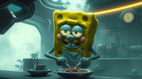 A unique digital painting depicts a sponge character with glowing eyes and dark grey skin, skillfully cooking in a futuristic