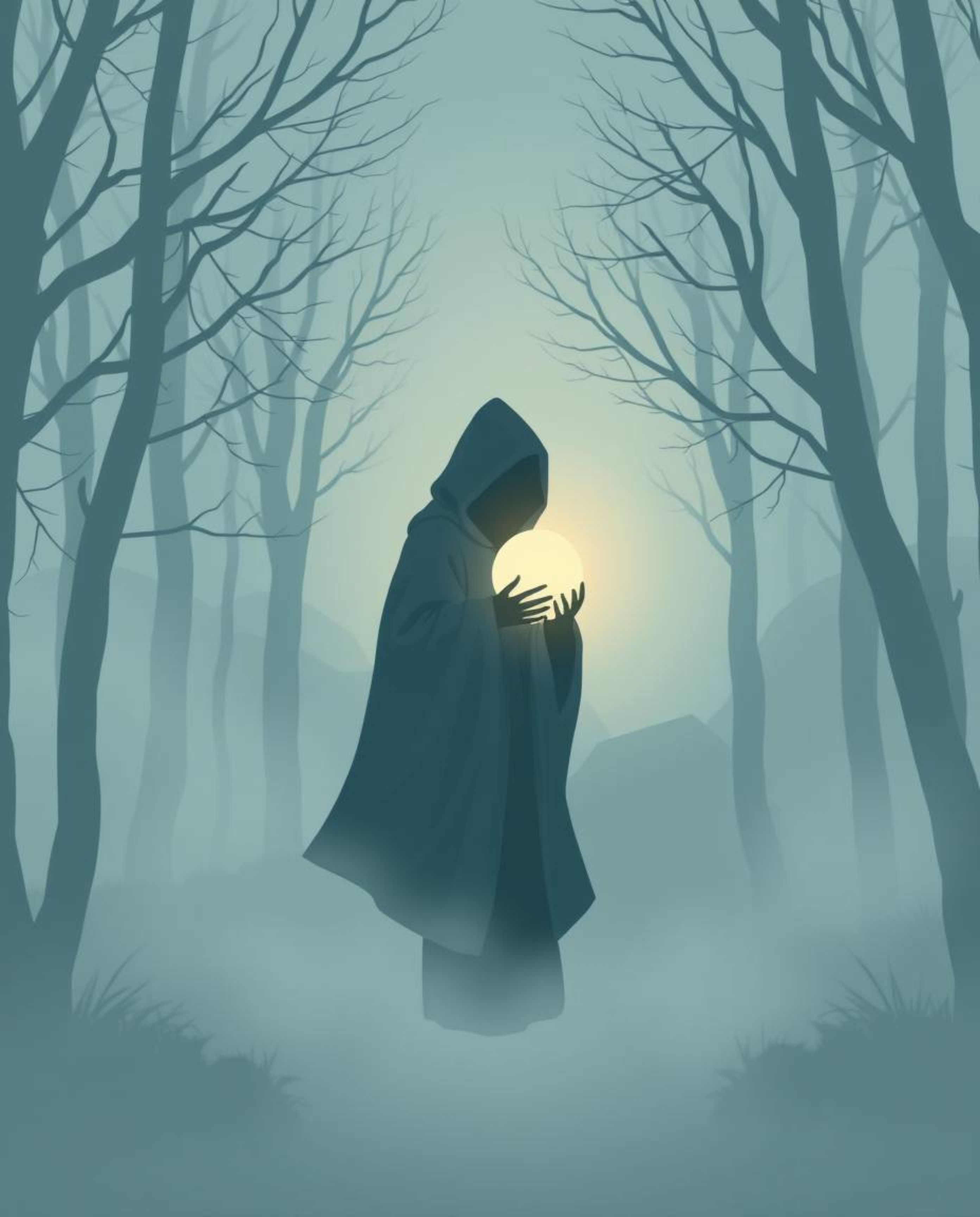 A soft and dreamy logo design featuring a cloaked figure in a misty forest, holding a glowing orb. The design incorporates ge