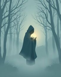 A soft and dreamy logo design featuring a cloaked figure in a misty forest, holding a glowing orb. The design incorporates ge