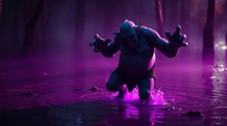 A captivating image of an ogre joyfully dancing in a mystical swamp.  Rendered in deep ultraviolet hues with gentle, diffused