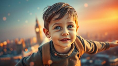 A captivating image of a young boy with delicate features, soaring through the London sky powered by magical pixie dust. The 