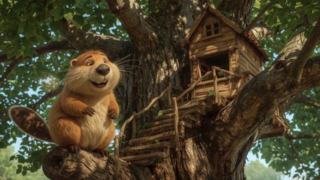 A high-resolution stock photo shows a cheerful beaver with warm, golden fur, building an intricately designed treehouse in a 