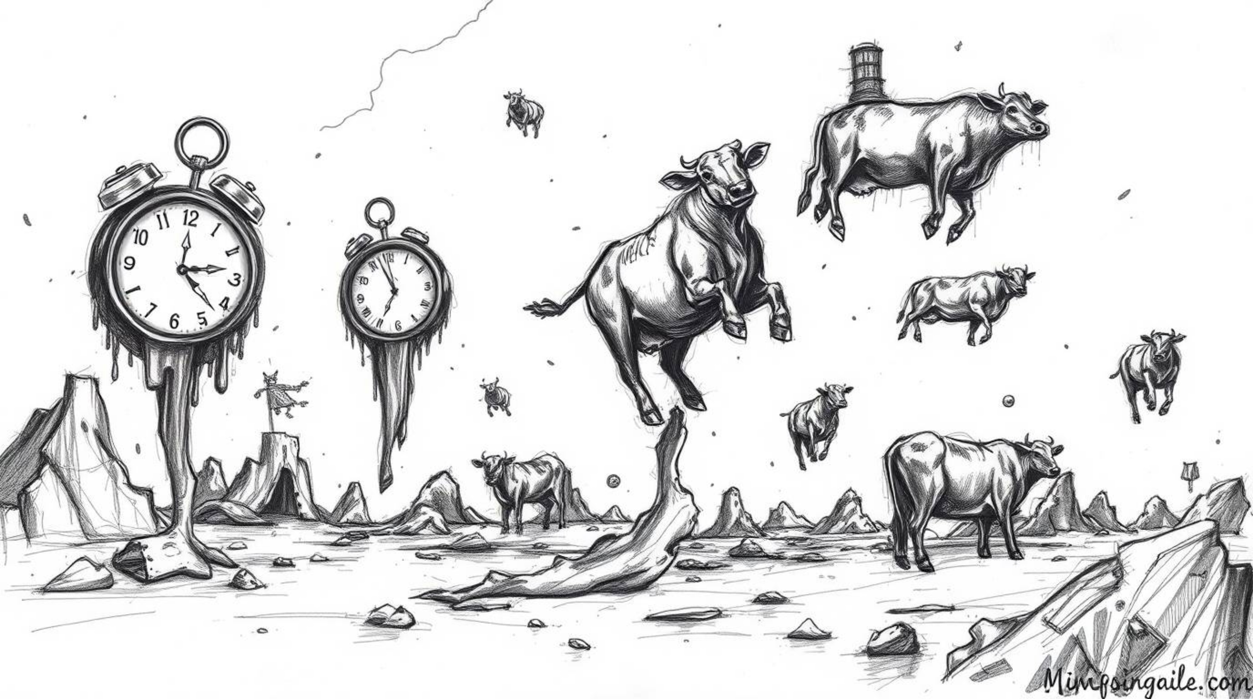 Explore a surreal dreamscape brought to life through a hand-drawn sketch featuring melting clocks and floating cows. This art