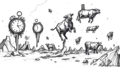 Explore a surreal dreamscape brought to life through a hand-drawn sketch featuring melting clocks and floating cows. This art