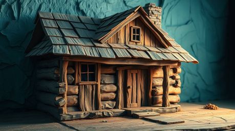 An old wooden cabin, uniquely sculpted from layered papier-mâché in cool blues, greens, and purples, creates a stunning textu