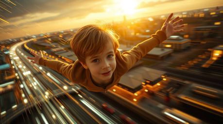 A captivating long exposure photograph depicts a young boy with fair skin soaring above the London skyline, trailed by shimme