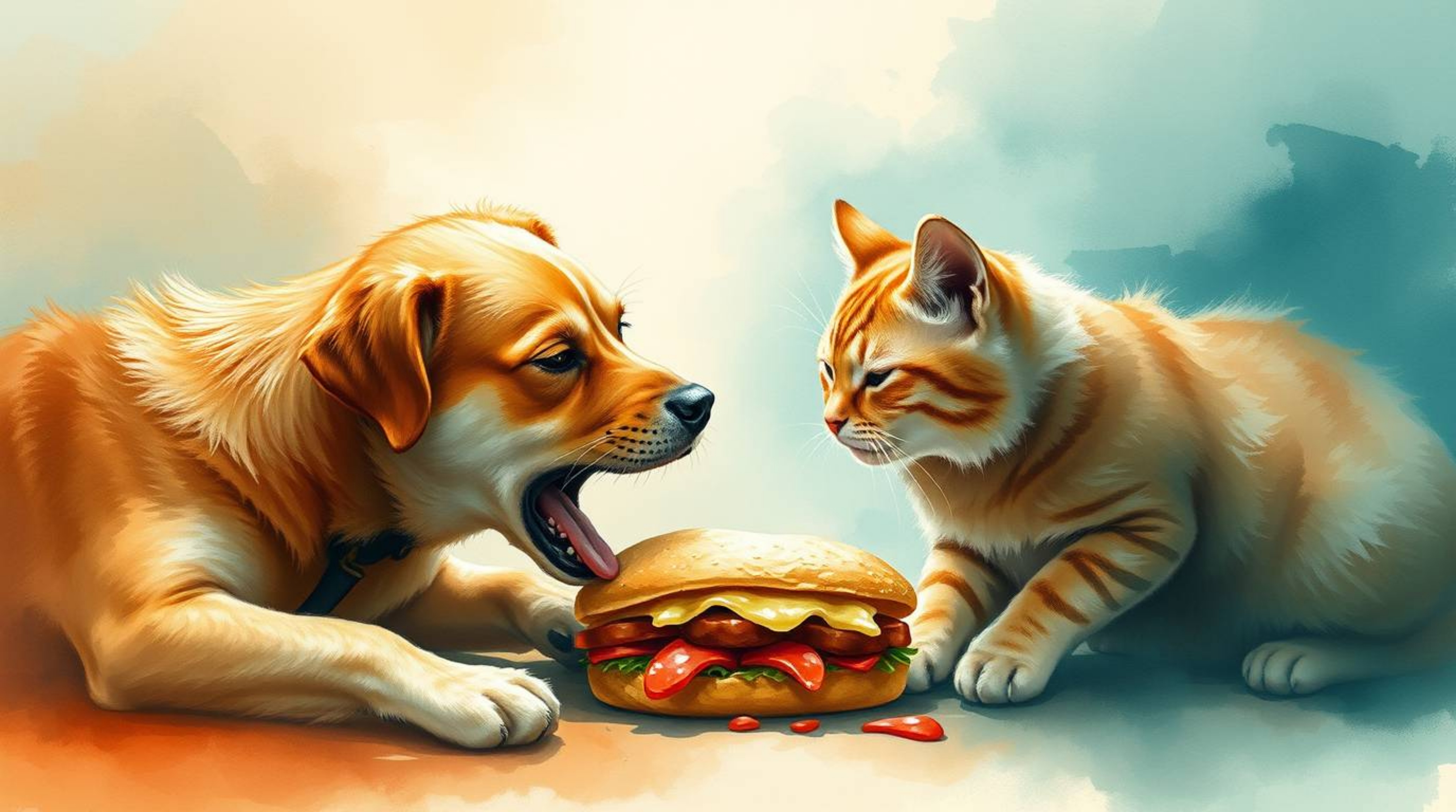 An ethereal watercolor painting captures the chaotic yet charming moment of a dog and cat battling over a colossal sandwich. 