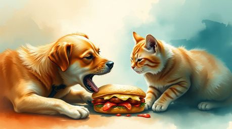 An ethereal watercolor painting captures the chaotic yet charming moment of a dog and cat battling over a colossal sandwich. 