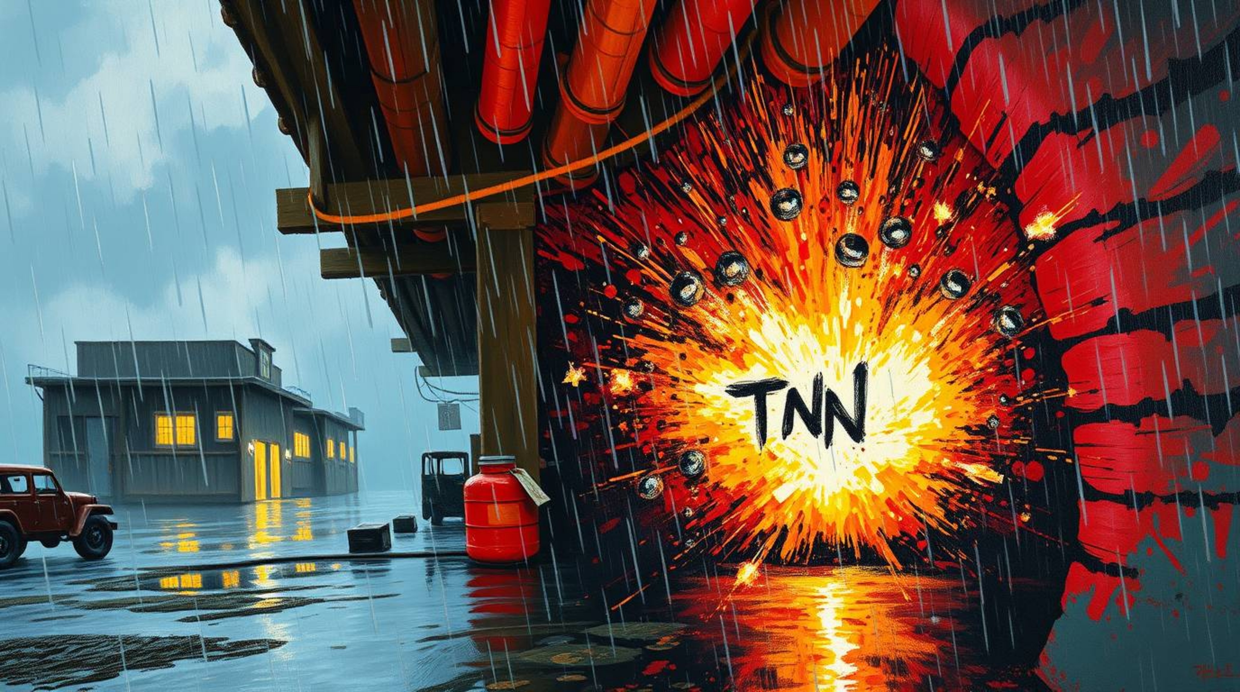 A bold acrylic painting depicting a classic exploding TNT gag in the wild west, set against a wet, rainy scene. The drizzling
