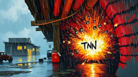 A bold acrylic painting depicting a classic exploding TNT gag in the wild west, set against a wet, rainy scene. The drizzling
