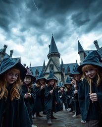 A captivating close-up reveals a magical school teeming with young wizards, set against a backdrop of a dramatically stormy s