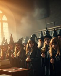 Discover a captivating cinematic scene of a magical school brimming with young wizards. The image features a soft gradient t