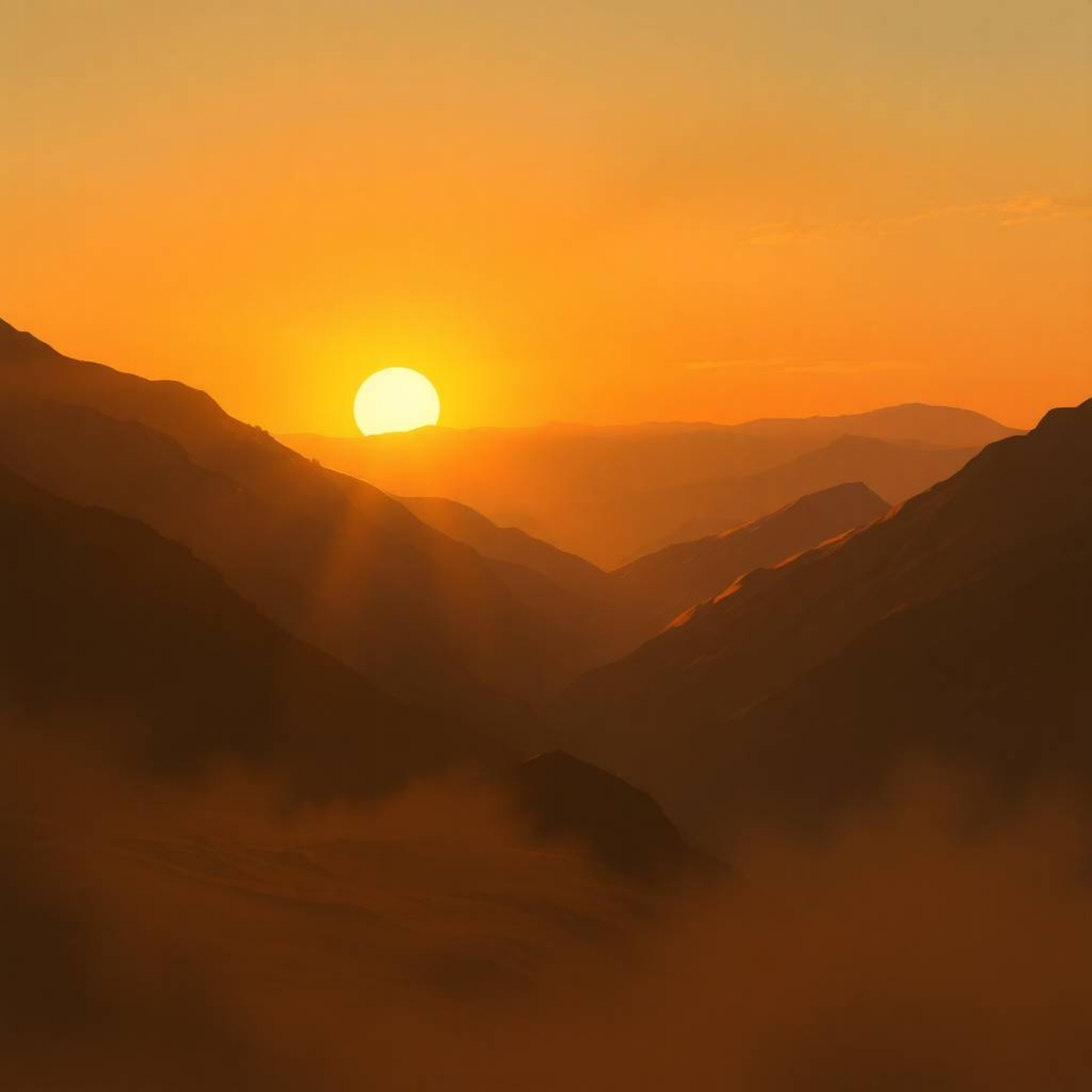 A stunning digital painting capturing a volumetrically lit sunset over a serene mountain valley. The artwork beautifully show