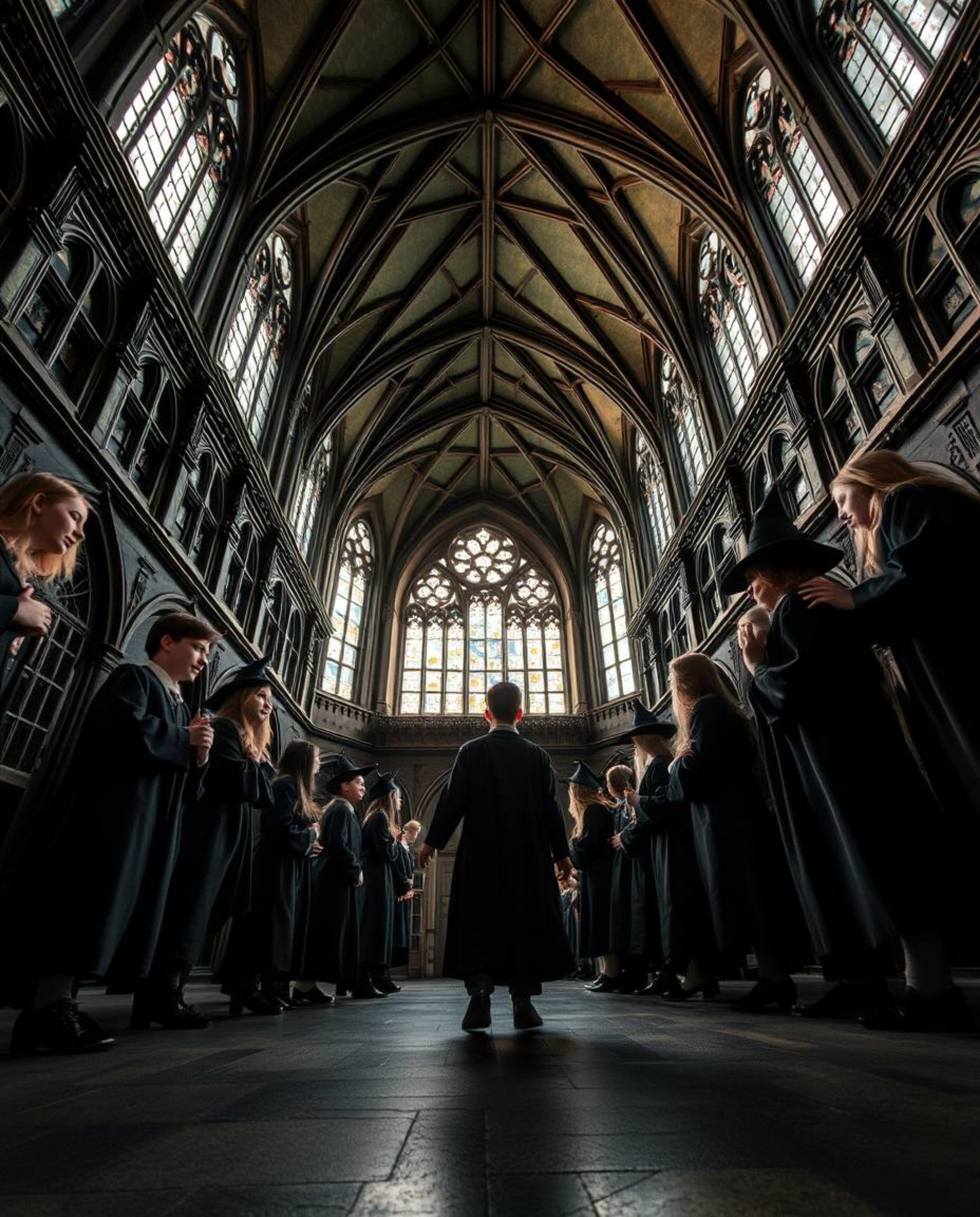 Experience the enchanting world of a magical school filled with young wizards in this dramatic low angle perspective shot. Im