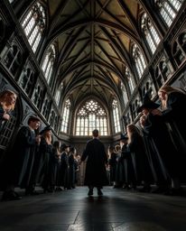 Experience the enchanting world of a magical school filled with young wizards in this dramatic low angle perspective shot. Im