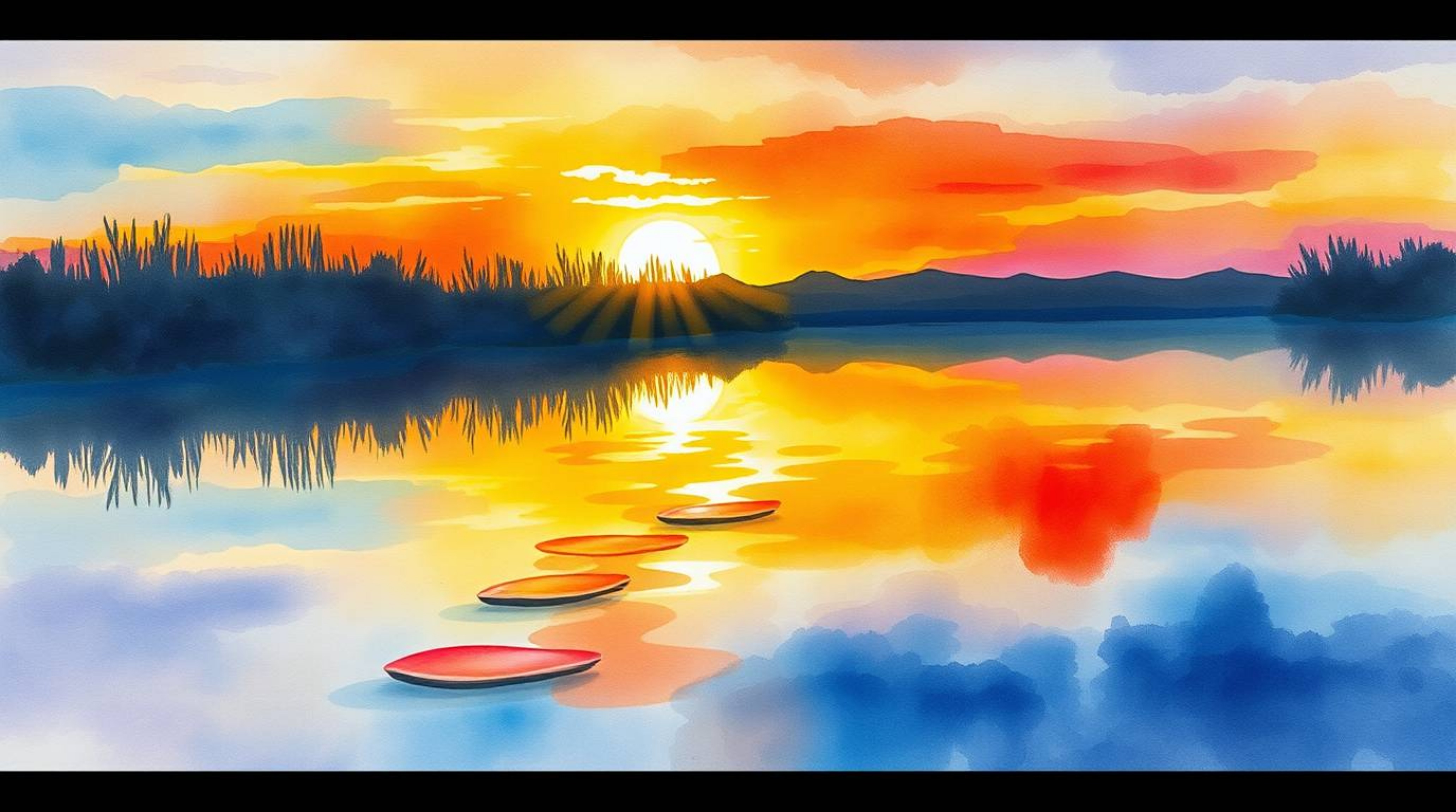 A delicate watercolor painting capturing a colorful sunset reflected in a calm pond.  The artwork utilizes translucent washes