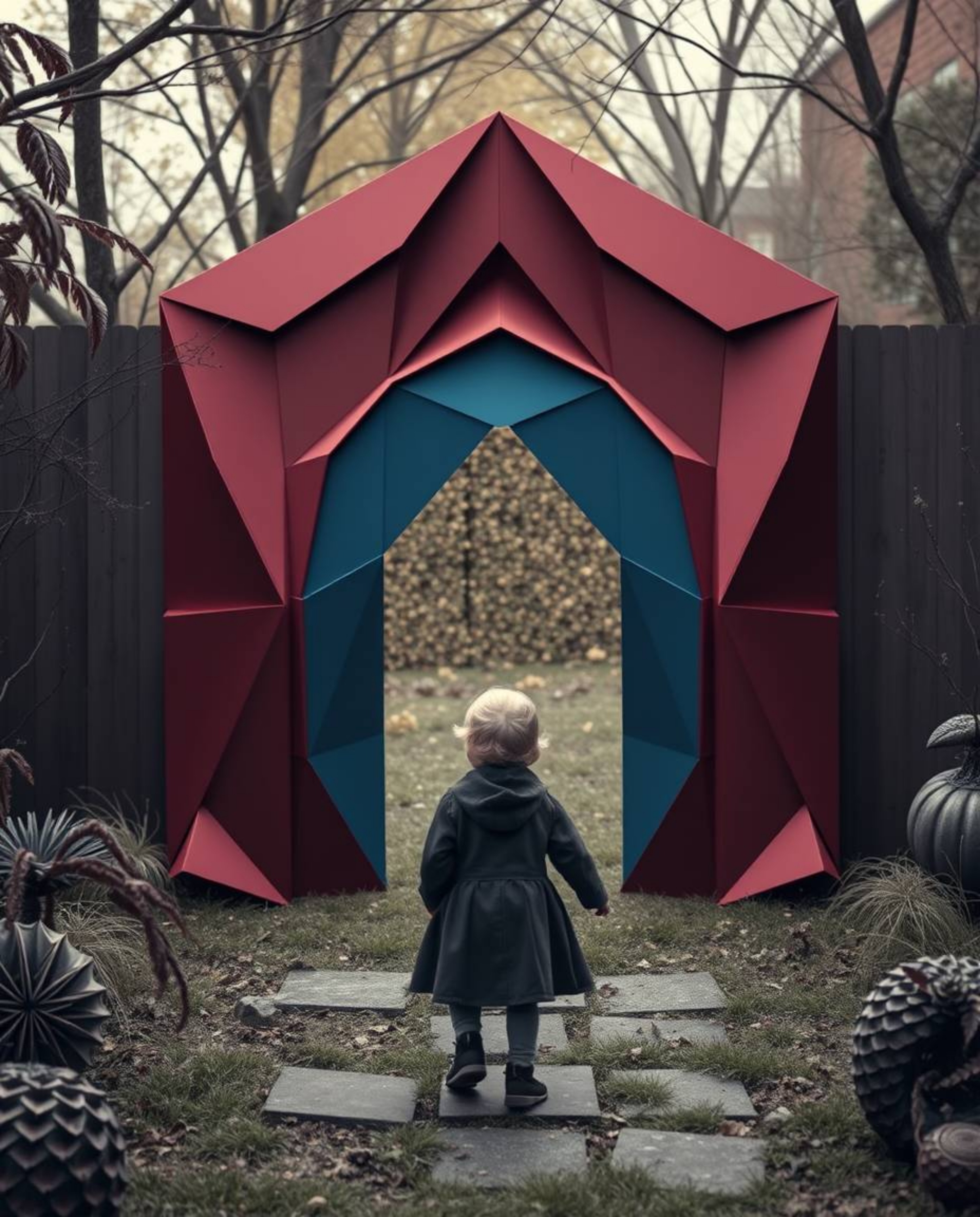 A captivating image depicting a child's discovery of a magical portal in their backyard.  The portal boasts a rich burgundy a