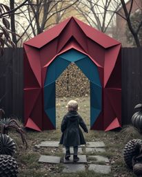 A captivating image depicting a child's discovery of a magical portal in their backyard. The portal boasts a rich burgundy a