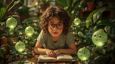 a highly detailed, vibrant, and whimsical cinematic photograph of a brilliant, bespectacled homeschooled girl, likely around 