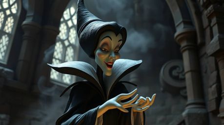 This image captures a classic Disney villain amidst the serene yet ominous setting of an old castle. The villain is depicted 