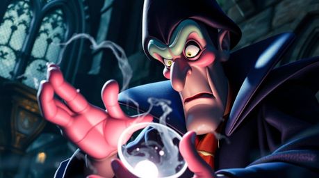 A captivating close-up reveals a classic Disney villain casting a mesmerizing spell within the ancient walls of a castle. Ir