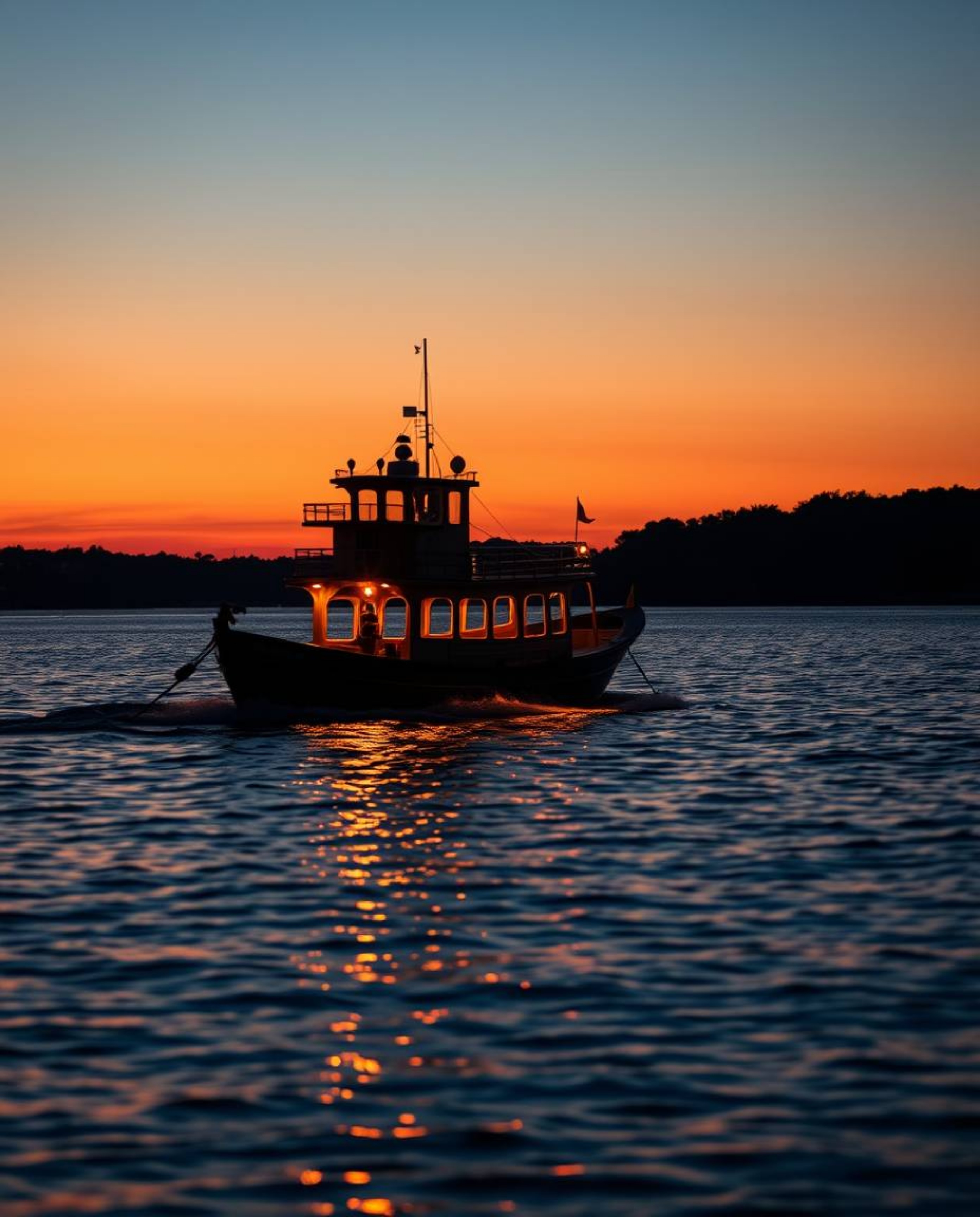 A boat drifting on a lake at sunset, photographed with precise architectural color, emphasizing sharp lines, detailed structu