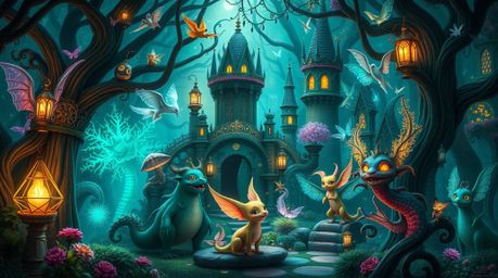 Explore a vibrant fantasy kingdom teeming with quirky magical creatures, awash in deep teal hues and luxurious details. This 