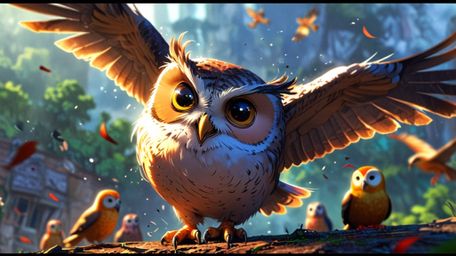 In a powerful and inspiring scene, created with the emotional depth of Pixar and the artistic flair of anime, a wise blind ow