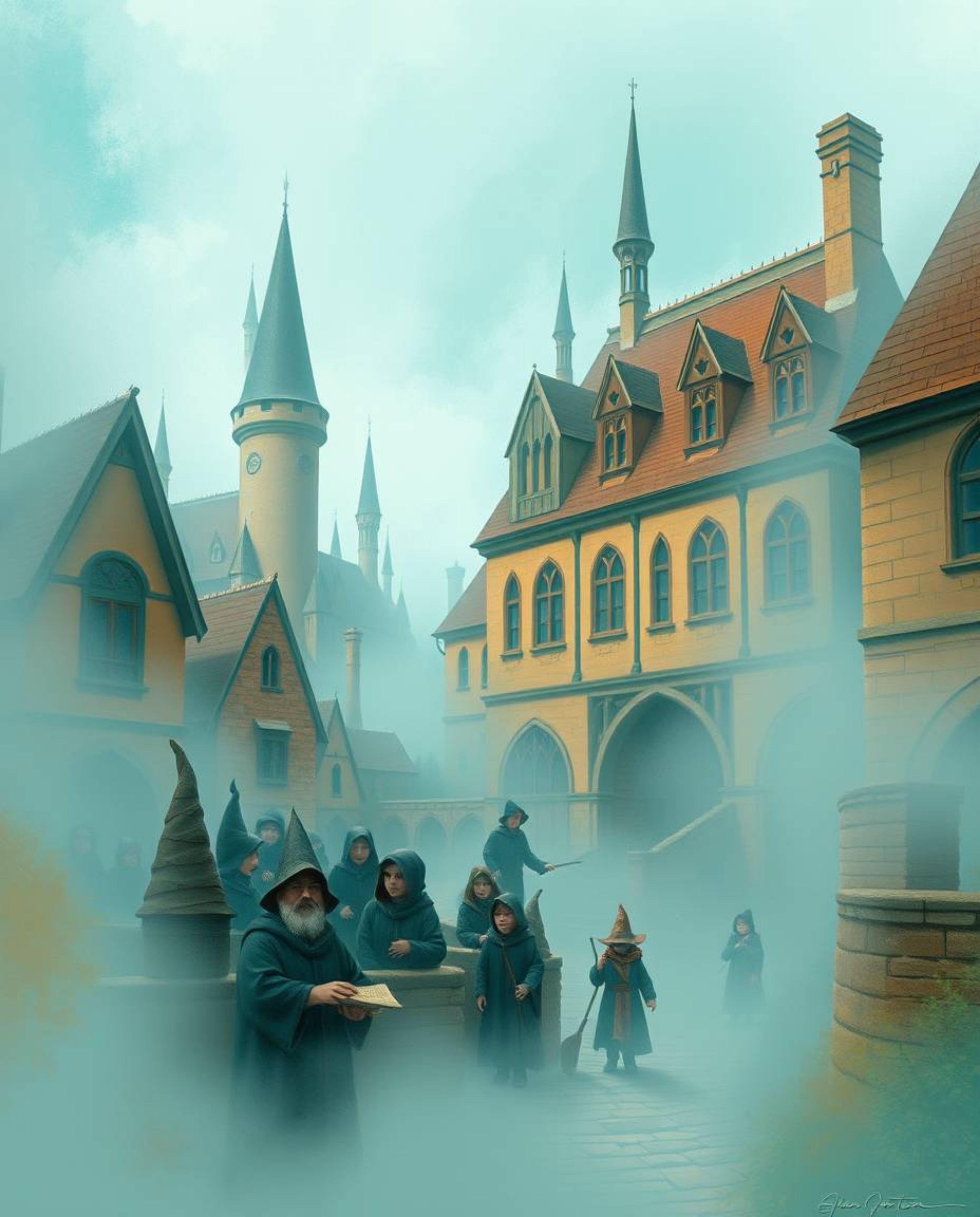 Discover a magical school for young wizards, shrouded in thick fog and featuring a warm terracotta and cool teal color palett