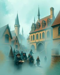Discover a magical school for young wizards, shrouded in thick fog and featuring a warm terracotta and cool teal color palett