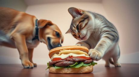 A peaceful and soothing scene, viewed from a low-angle perspective, depicting a dog and cat gently tussling over a large sand