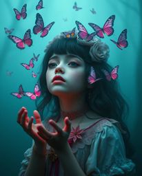 Explore a dreamlike world of surreal imagery featuring a girl with fantastical features releasing butterflies into a thick, f