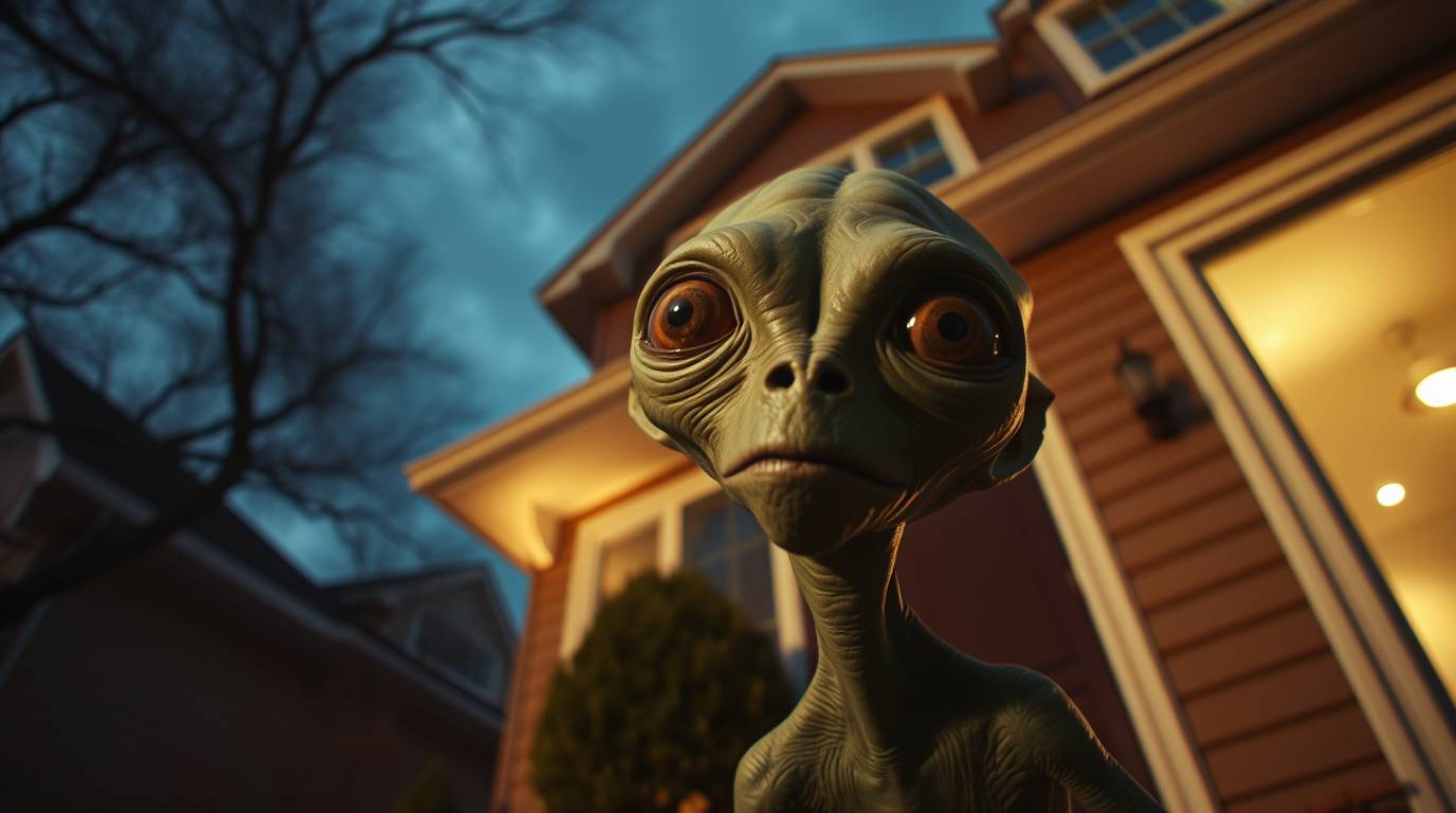 A captivating low-angle shot reveals a surreal, dreamlike scene: a three-eyed green alien inhabiting a typical suburban house